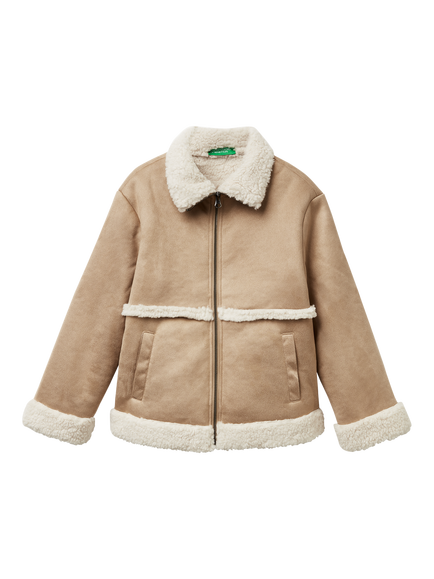 Benetton Kids' Faux Sheepskin Jacket, Beige, Beige