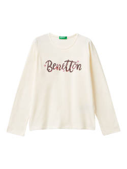 Benetton Kids' Cotton Long Sleeved Sequin Logo T-Shirt, White, White
