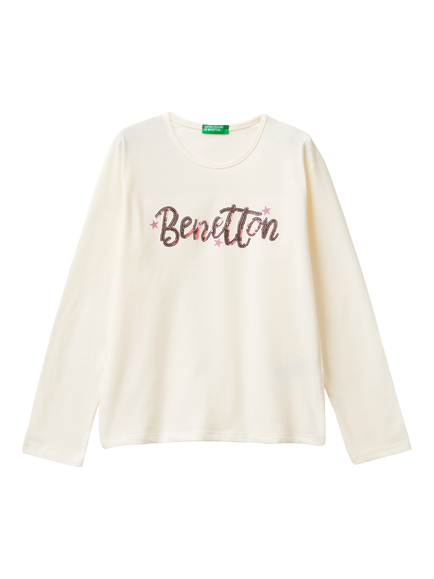Benetton Kids' Cotton Long Sleeved Sequin Logo T-Shirt, White, White