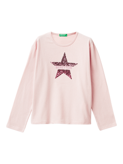Benetton Kids' Cotton Long Sleeved Sequin Star T-Shirt, Pink, Pink