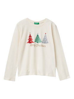 Benetton Kids' Cotton Long Sleeved Christmas Tree Graphic T-Shirt, White, White
