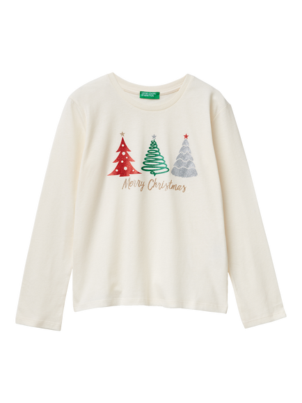 Benetton Kids' Cotton Long Sleeved Christmas Tree Graphic T-Shirt, White, White