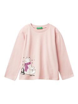 Benetton Kids' Cotton Polar Bear and Penguin Graphic T-Shirt, Pink, Pink