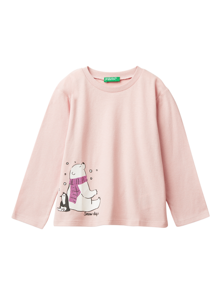 Benetton Kids' Cotton Polar Bear and Penguin Graphic T-Shirt, Pink, Pink