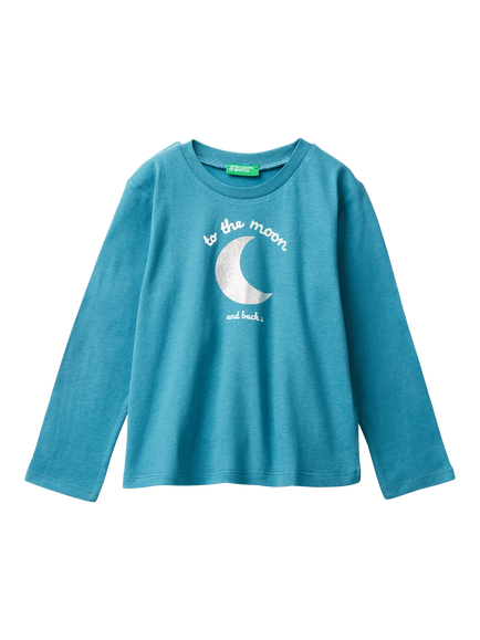 Benetton Kids' Cotton To The Moon Graphic T-Shirt, Blue, Blue