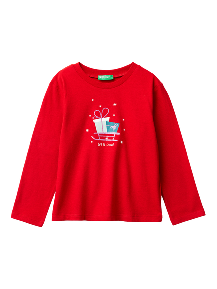 Benetton Kids' Cotton Let It Snow Graphic T-Shirt, Red, Red