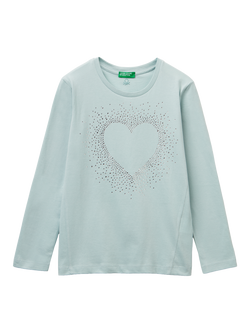 Benetton Kids' Cotton Heart Embellished Long Sleeve T-Shirt, Green, Green