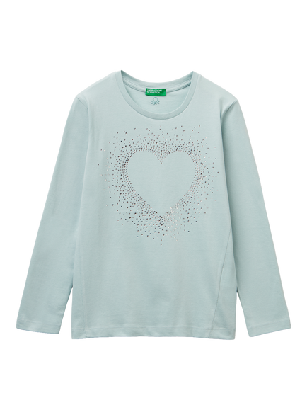 Benetton Kids' Cotton Heart Embellished Long Sleeve T-Shirt, Green, Green