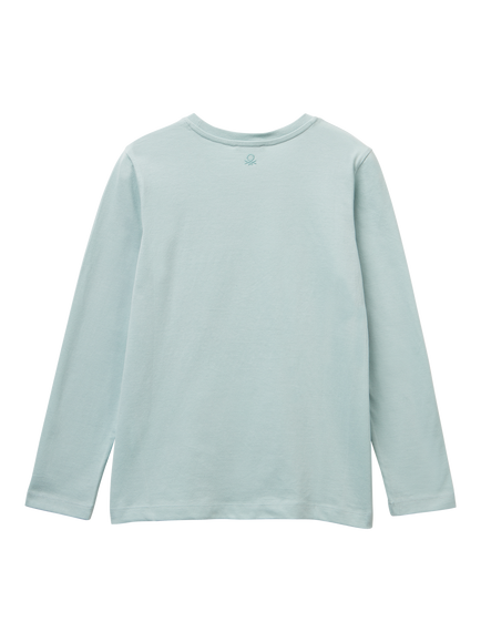 Benetton Kids' Cotton Heart Embellished Long Sleeve T-Shirt, Green - view 2, Green