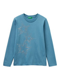 Benetton Kids' Cotton Rhinestone Stars T-Shirt, Blue, Blue