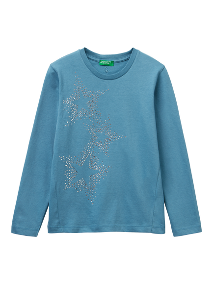 Benetton Kids' Cotton Rhinestone Stars T-Shirt, Blue, Blue