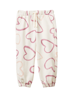 Benetton Kids' Fleece Drawstring Heart Print Joggers, White, White