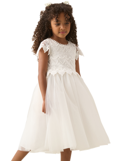 Angel & Rocket Kids' Embroidered Lace Short Sleeved Dress, Ivory, Ivory