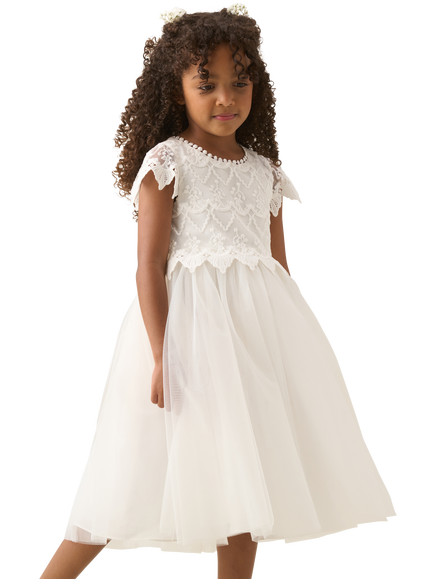 Angel & Rocket Kids' Embroidered Lace Short Sleeved Dress, Ivory, Ivory