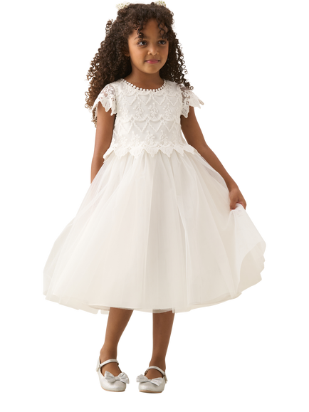 Angel & Rocket Kids' Embroidered Lace Short Sleeved Dress, Ivory - view 2, Ivory