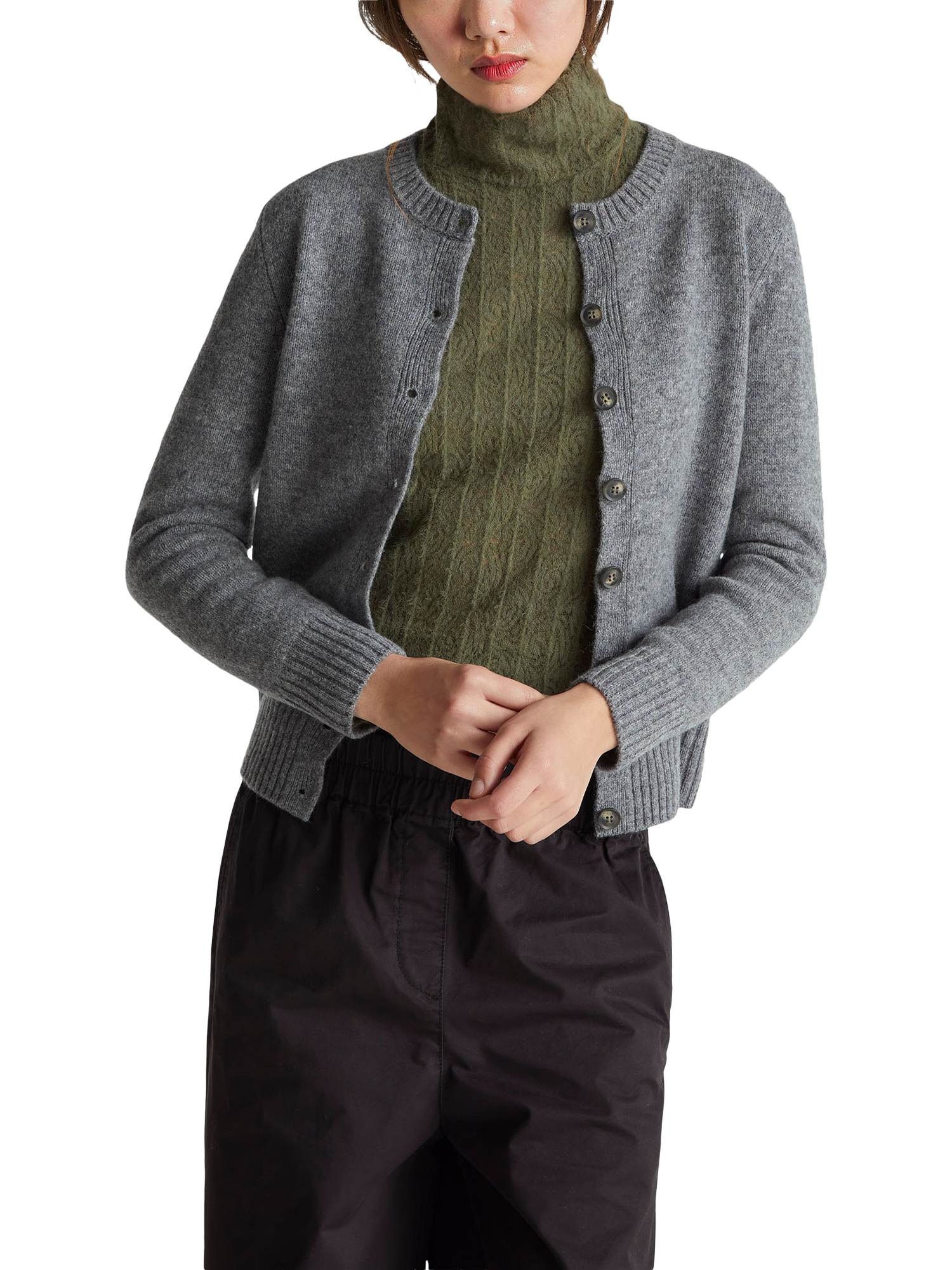 Product image 1 of 6, which shows Benetton Korean Round Neck Pure Wool Cardigan, Grey, XS