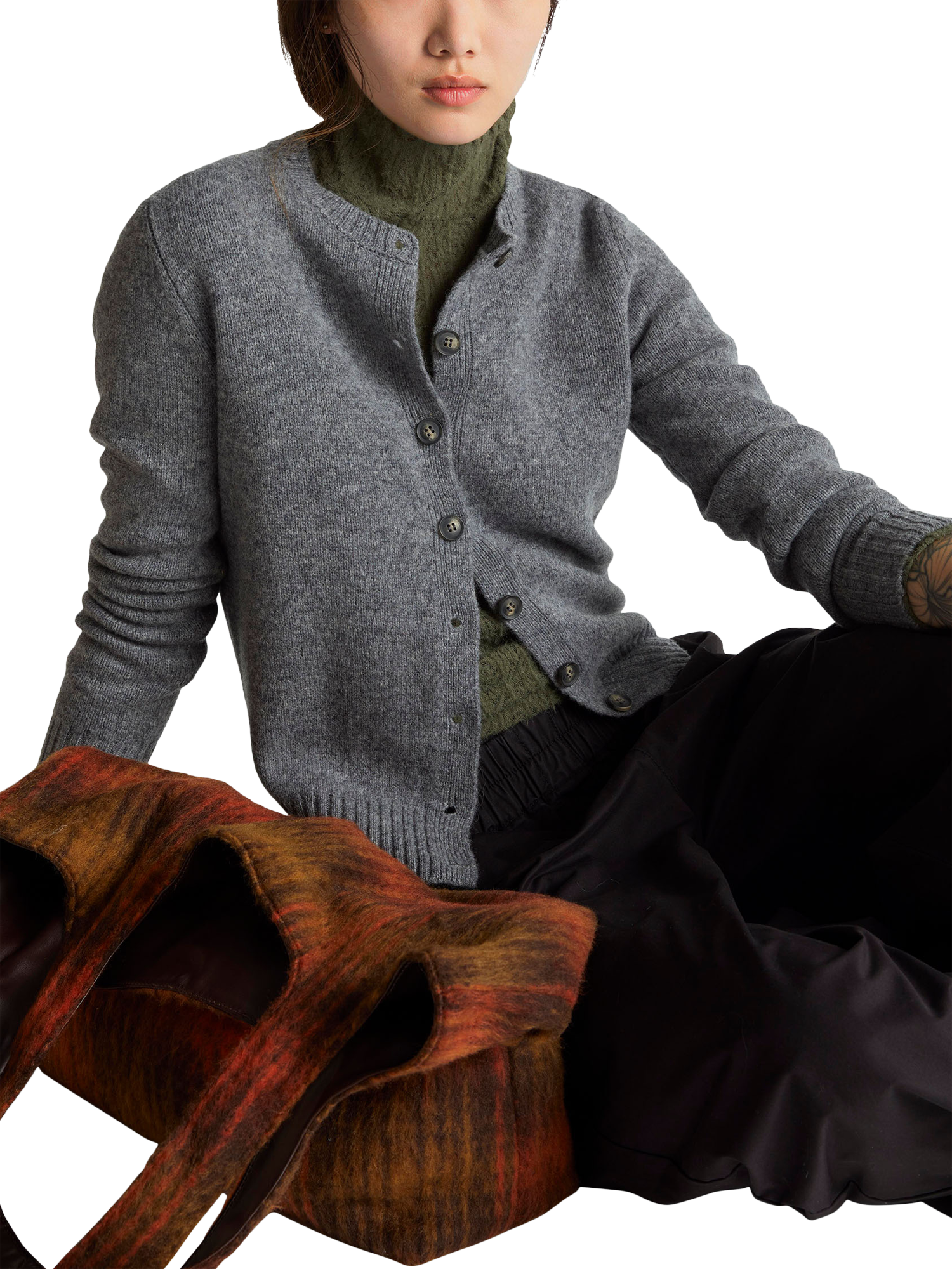 Product image 3 of 6, which shows Benetton Korean Round Neck Pure Wool Cardigan, Grey, XS