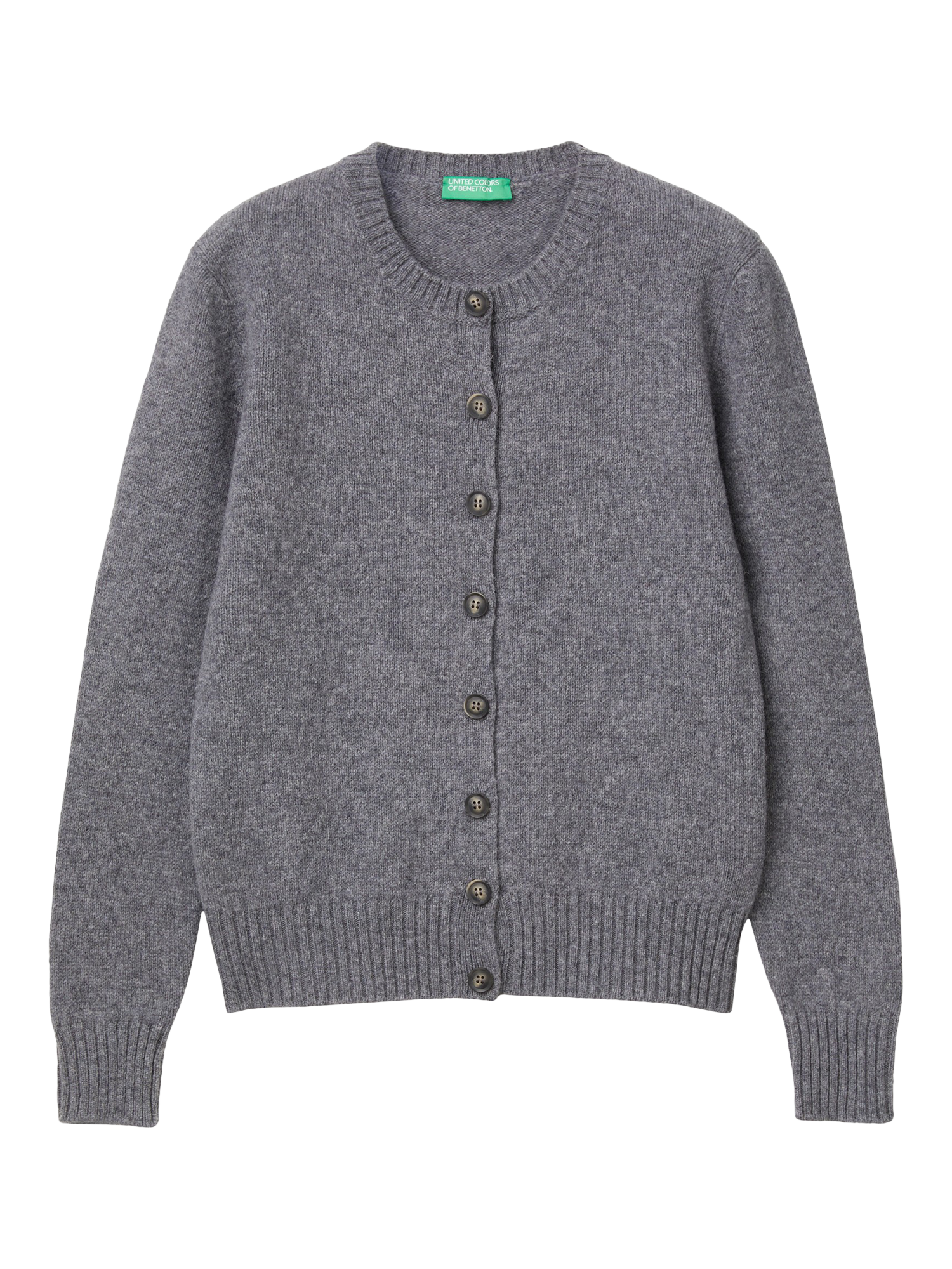 Product image 4 of 6, which shows Benetton Korean Round Neck Pure Wool Cardigan, Grey, XS