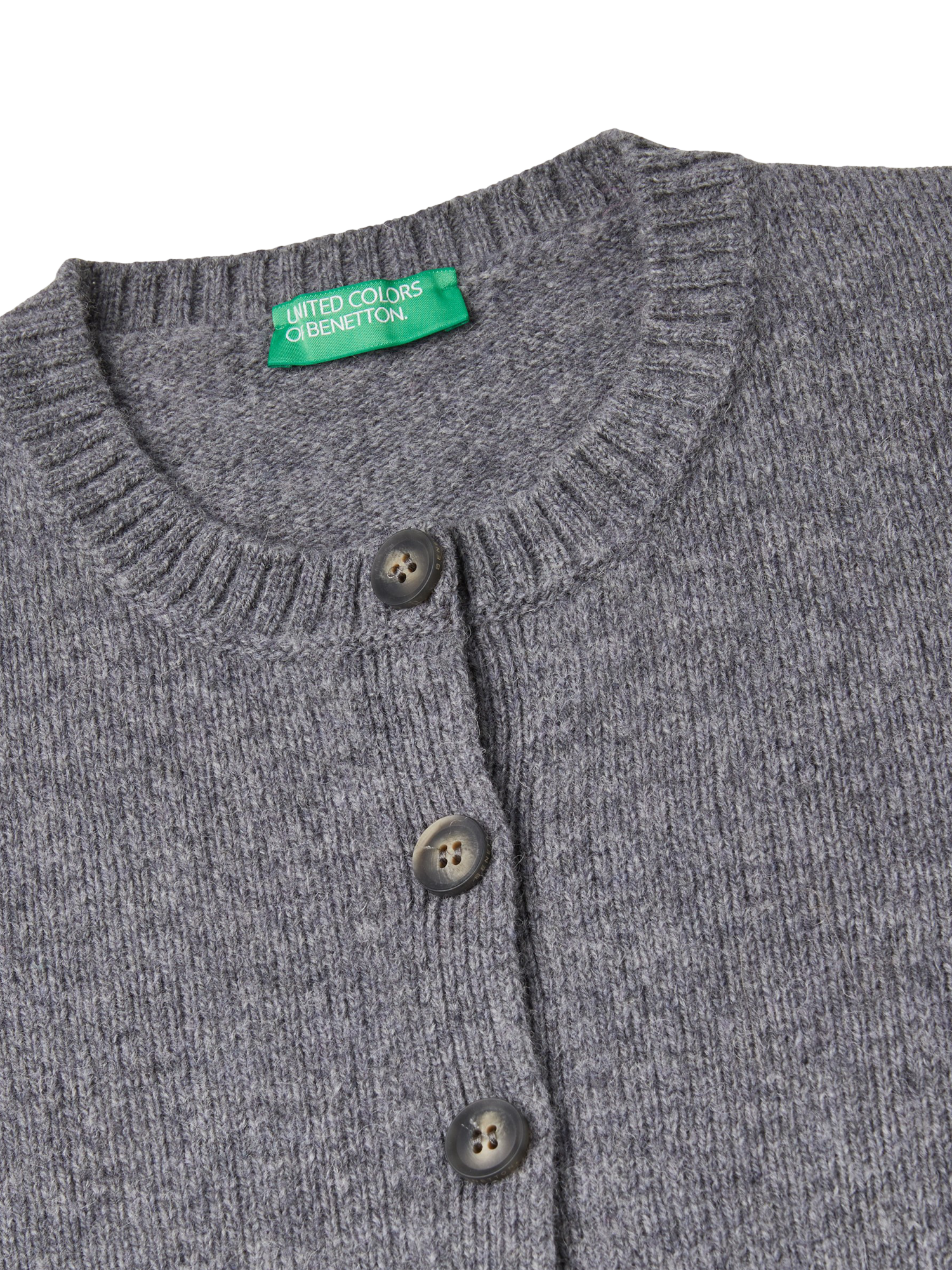 Product image 6 of 6, which shows Benetton Korean Round Neck Pure Wool Cardigan, Grey, XS