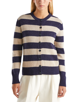 Benetton Korean Stripe Pure Wool Cardigan, Blue, Blue