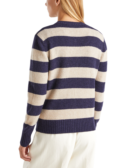 Benetton Korean Stripe Pure Wool Cardigan, Blue - view 2, Blue