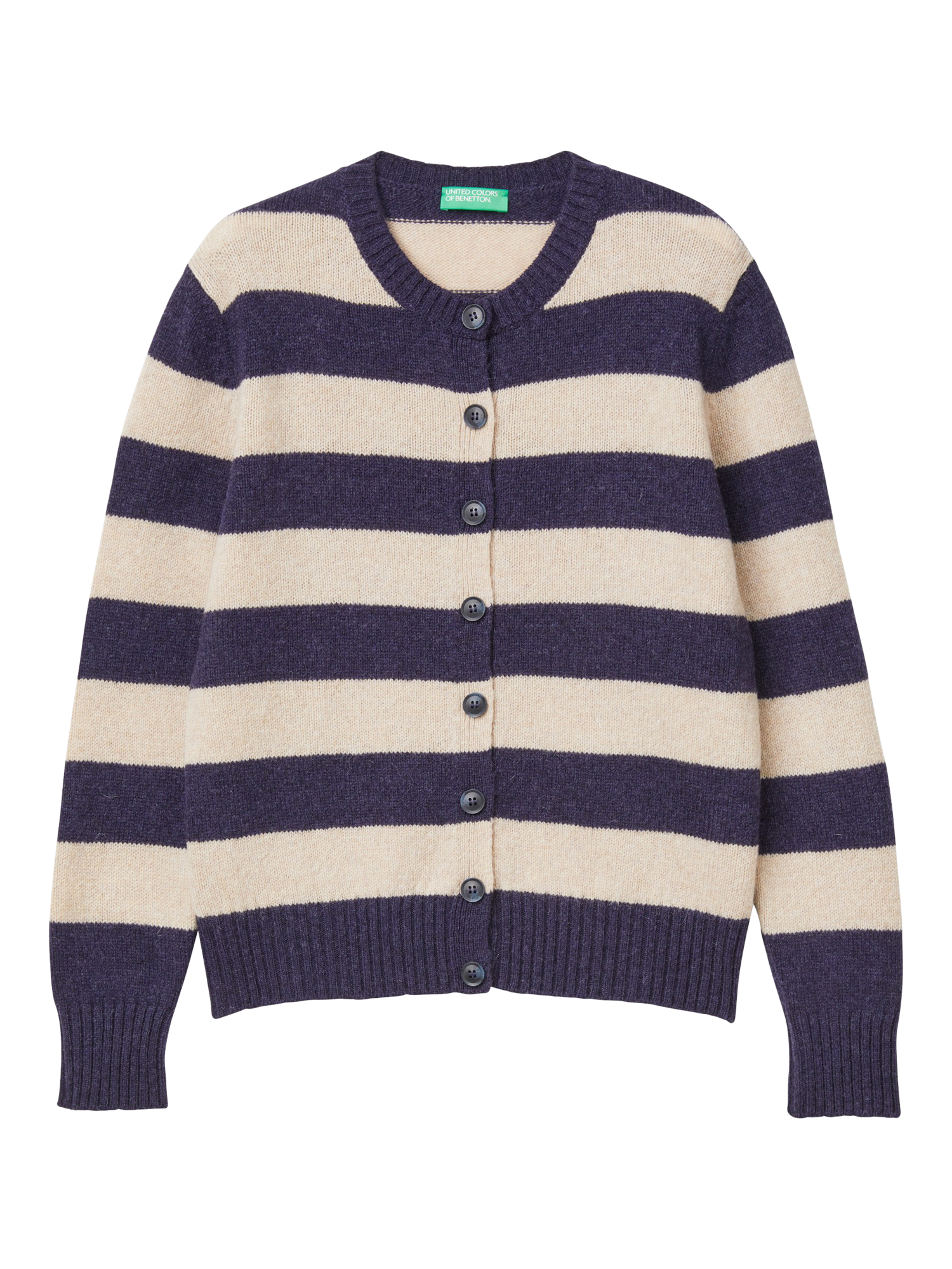 Product image 4 of 6, which shows Benetton Korean Stripe Pure Wool Cardigan, Blue, XS