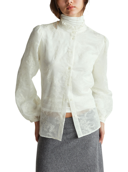 Benetton Korean Embroidered Ruffle Collar Shirt, Beige
