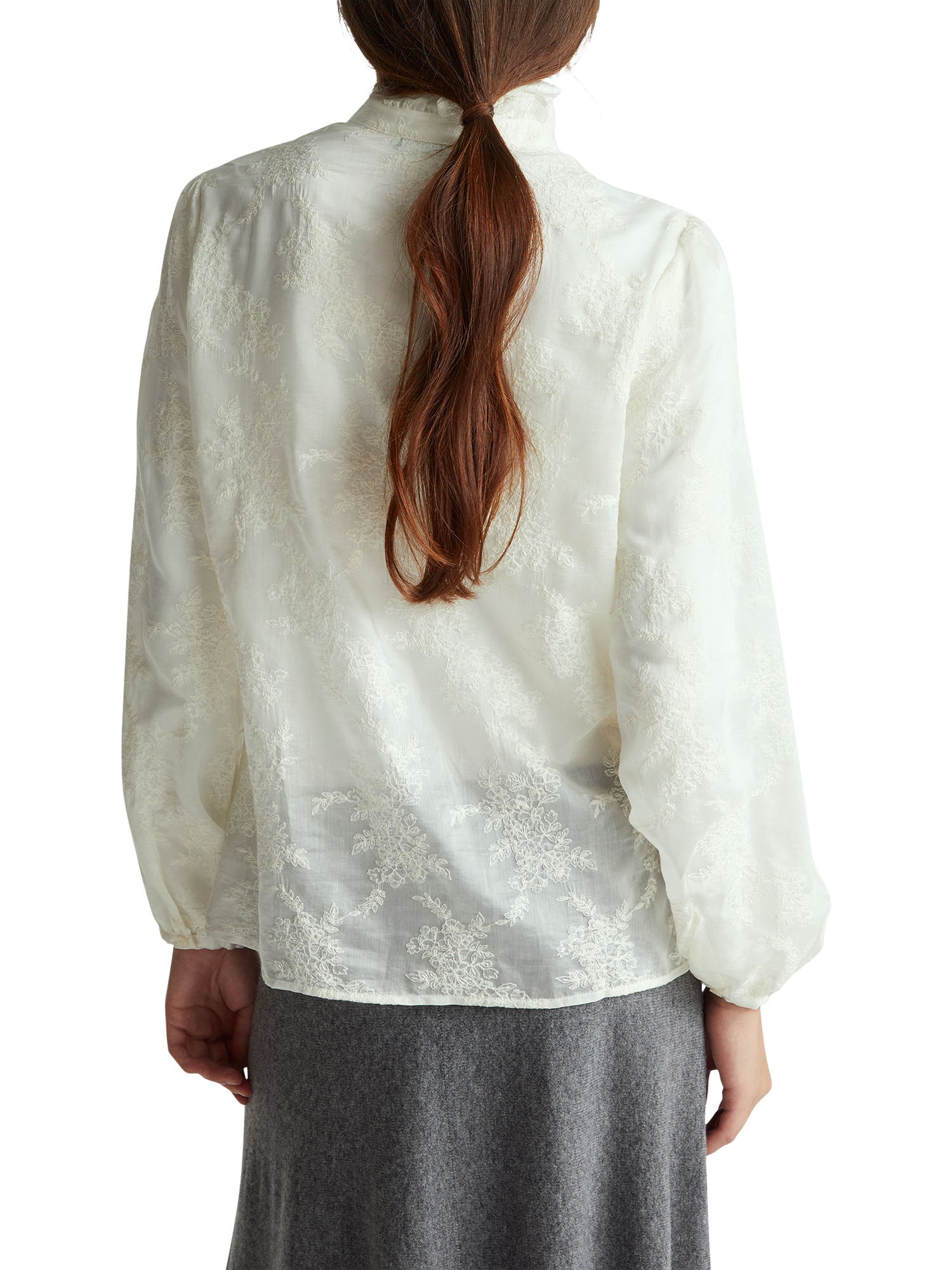 Product image 2 of 6, which shows Benetton Korean Embroidered Ruffle Collar Shirt, Beige, XS