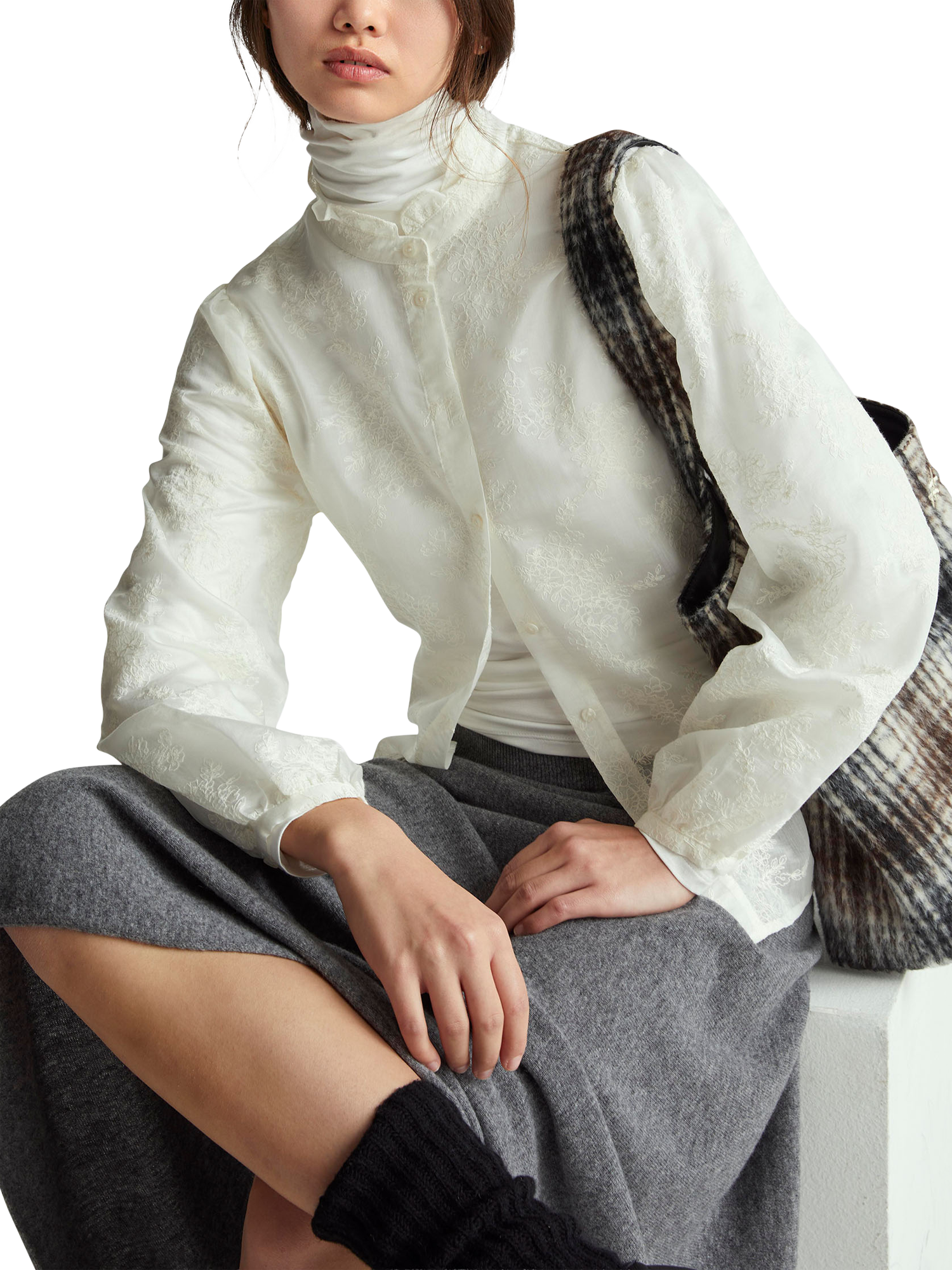 Product image 3 of 6, which shows Benetton Korean Embroidered Ruffle Collar Shirt, Beige, XS