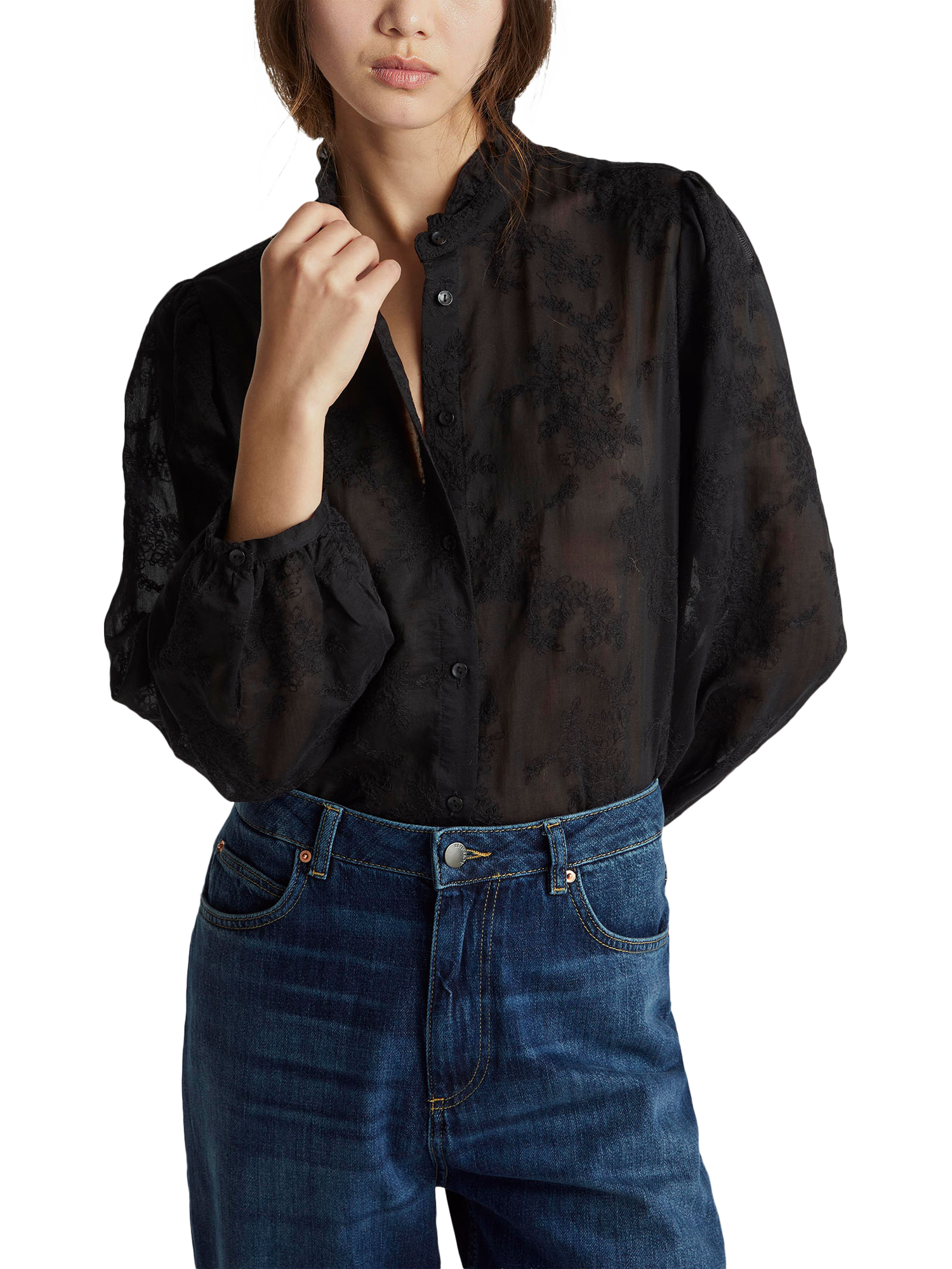 Product image 1 of 6, which shows Benetton Korean Embroidered Ruffle Collar Shirt, Black, XS