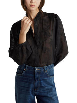 Benetton Korean Embroidered Ruffle Collar Shirt, Black