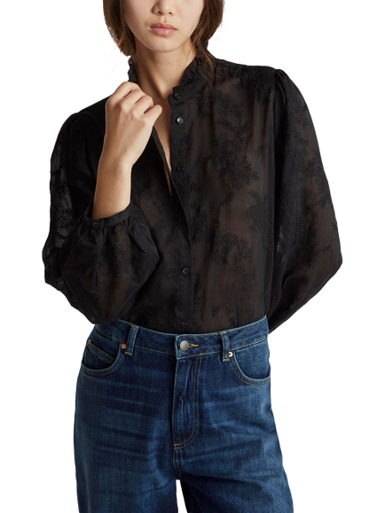 Benetton Korean Embroidered Ruffle Collar Shirt, Black