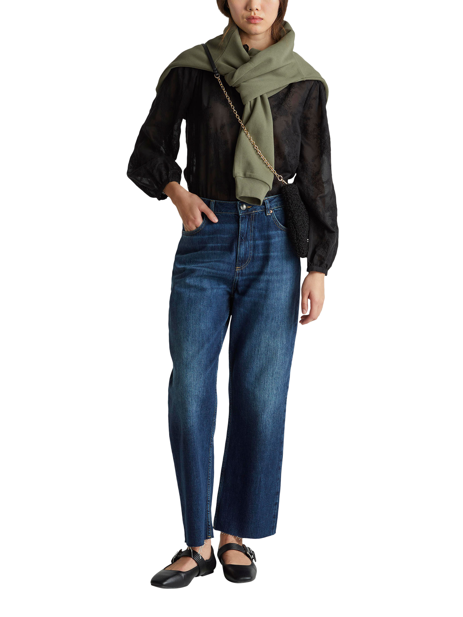 Product image 3 of 6, which shows Benetton Korean Embroidered Ruffle Collar Shirt, Black, XS