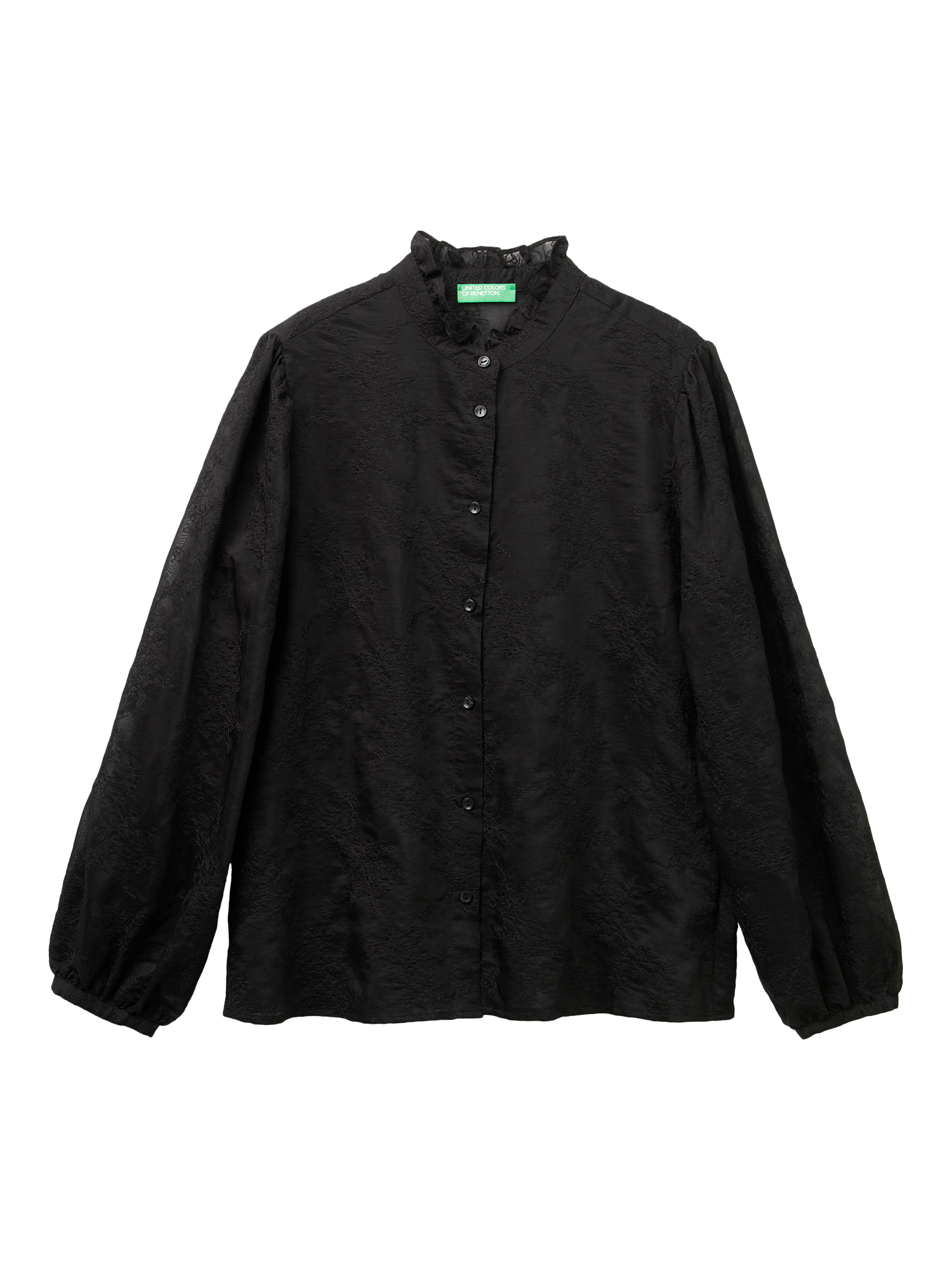 Product image 4 of 6, which shows Benetton Korean Embroidered Ruffle Collar Shirt, Black, XS