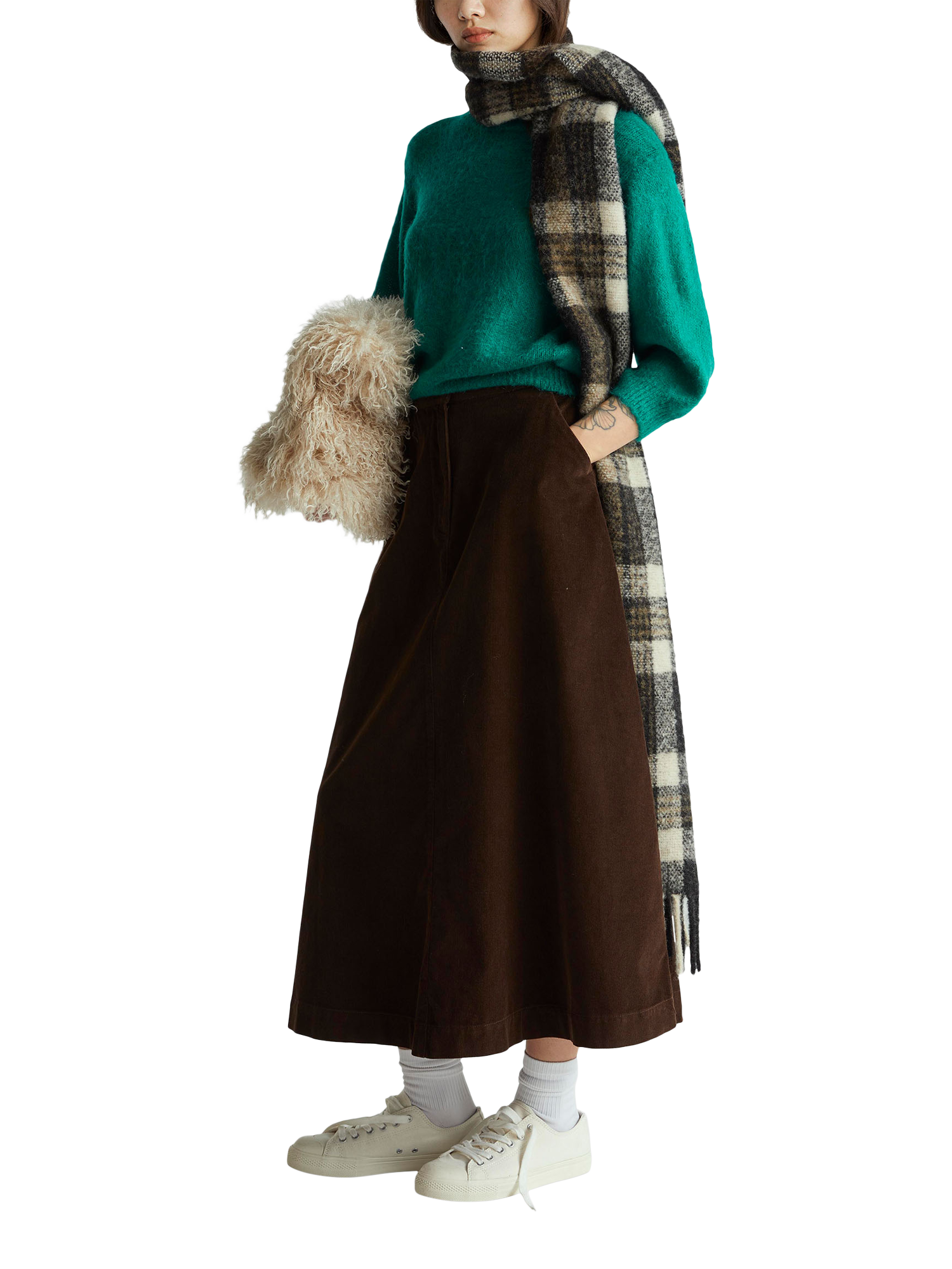 Product image 3 of 5, which shows Benetton Stripe Velvet Midi Skirt, Brown, 6