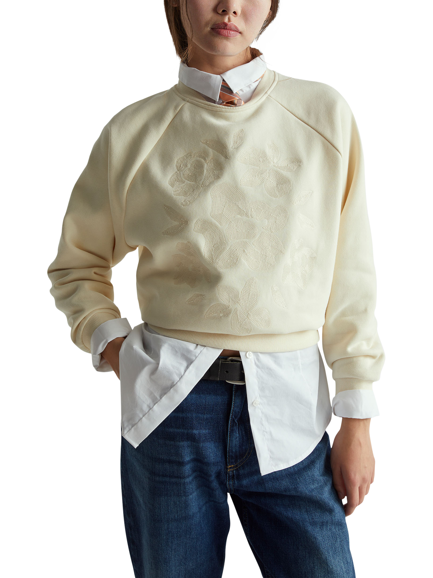 Product image 1 of 6, which shows Benetton Crew Neck Embroidered Sweatshirt, Beige, XS