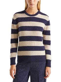 Benetton Crew Neck Stripe Pure Wool Jumper, Blue, Blue