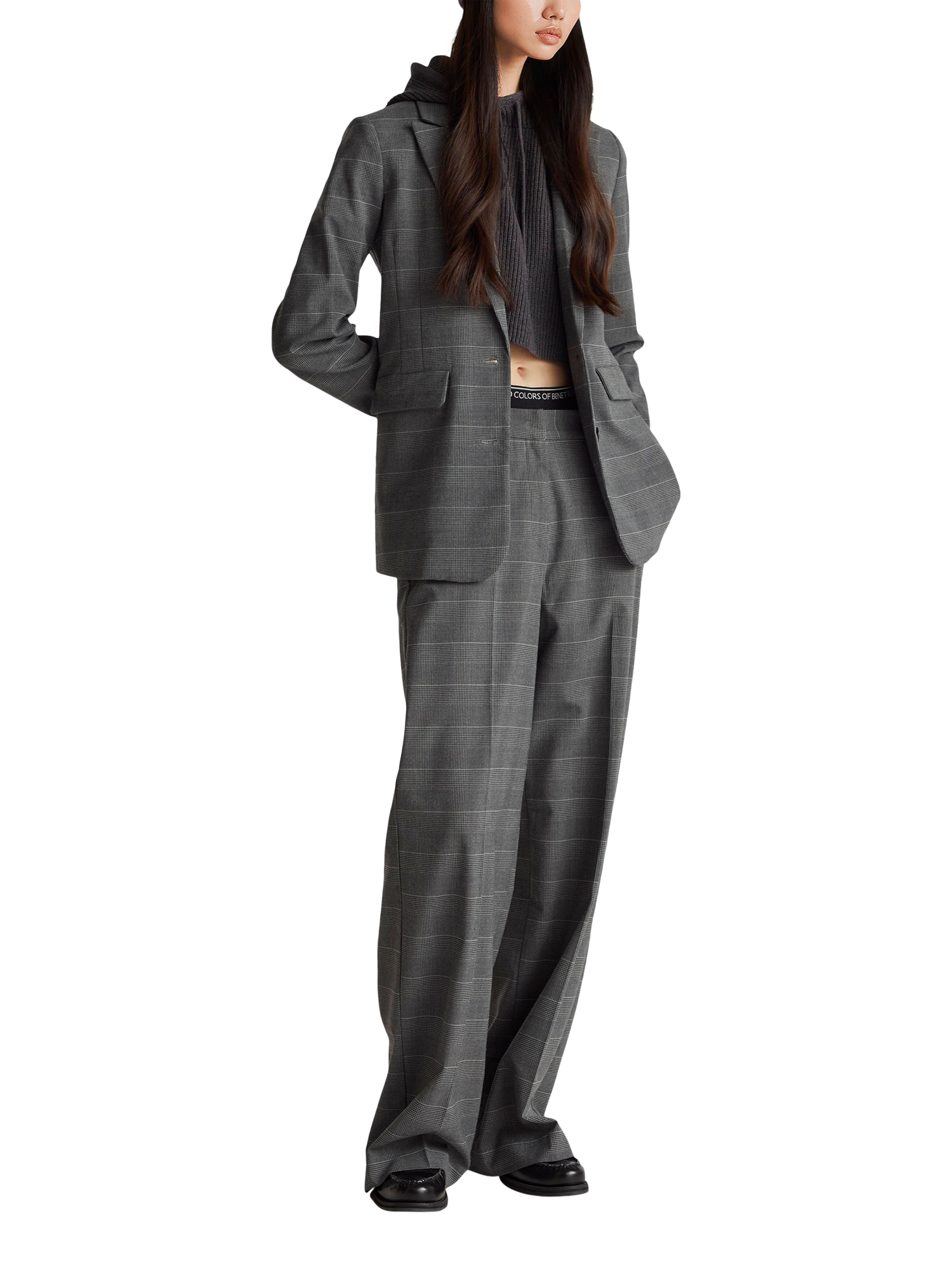 Product image 1 of 4, which shows Benetton Check Tailored Trousers, Grey/Multi, 6