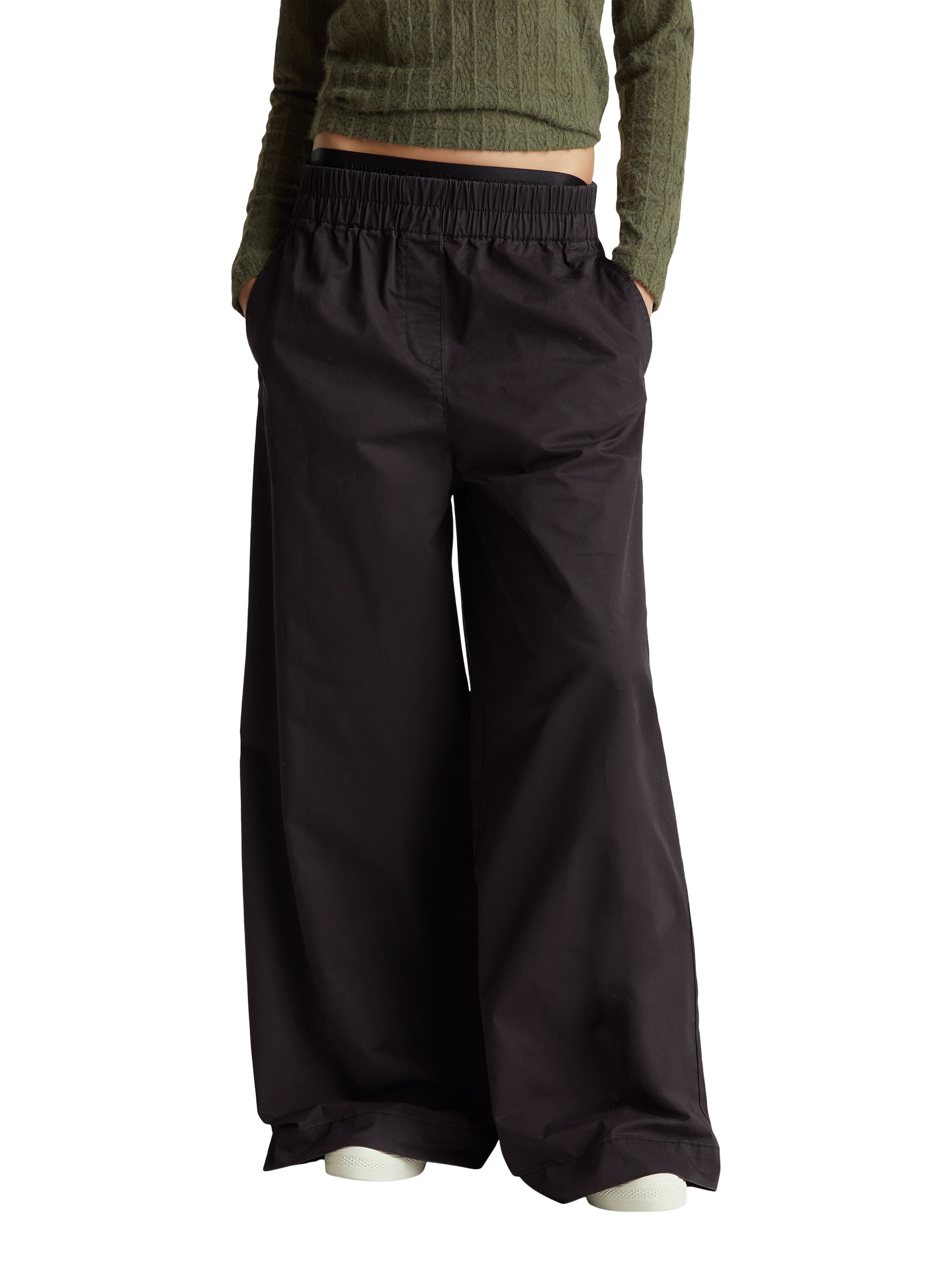 Product image 1 of 6, which shows Benetton Twill Wide Leg Trousers, Black, S