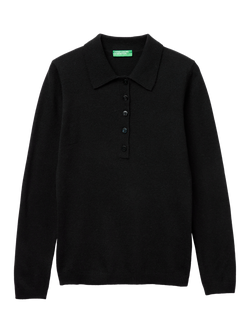 Benetton Button Front Knitted Polo Jumper, Black