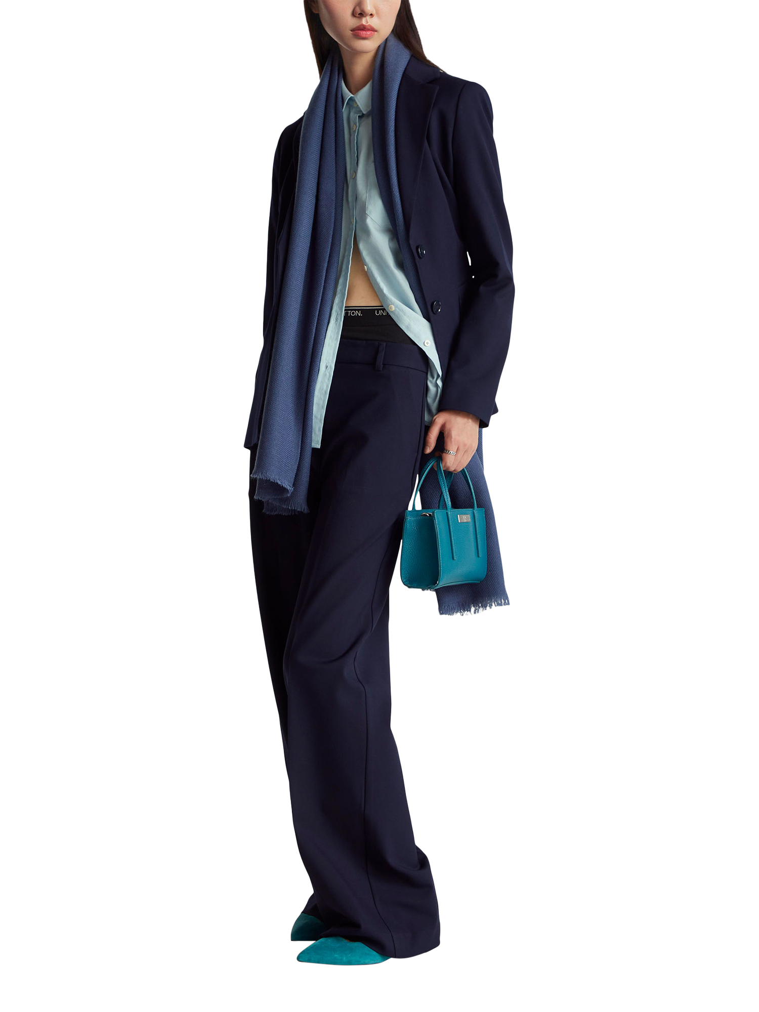 Product image 1 of 6, which shows Benetton Pleated Wide Leg Trousers, Blue, 8