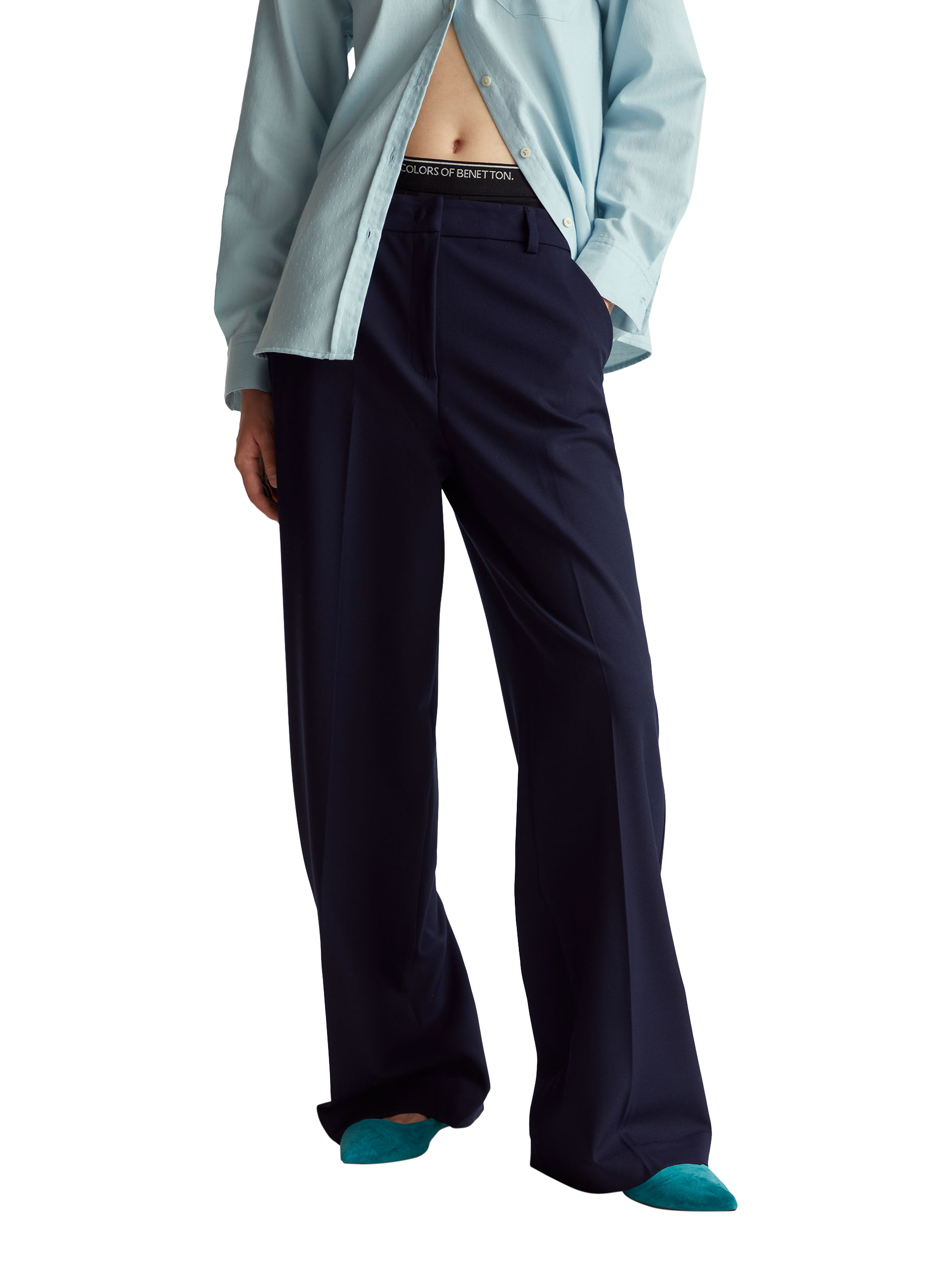 Product image 3 of 6, which shows Benetton Pleated Wide Leg Trousers, Blue, 8