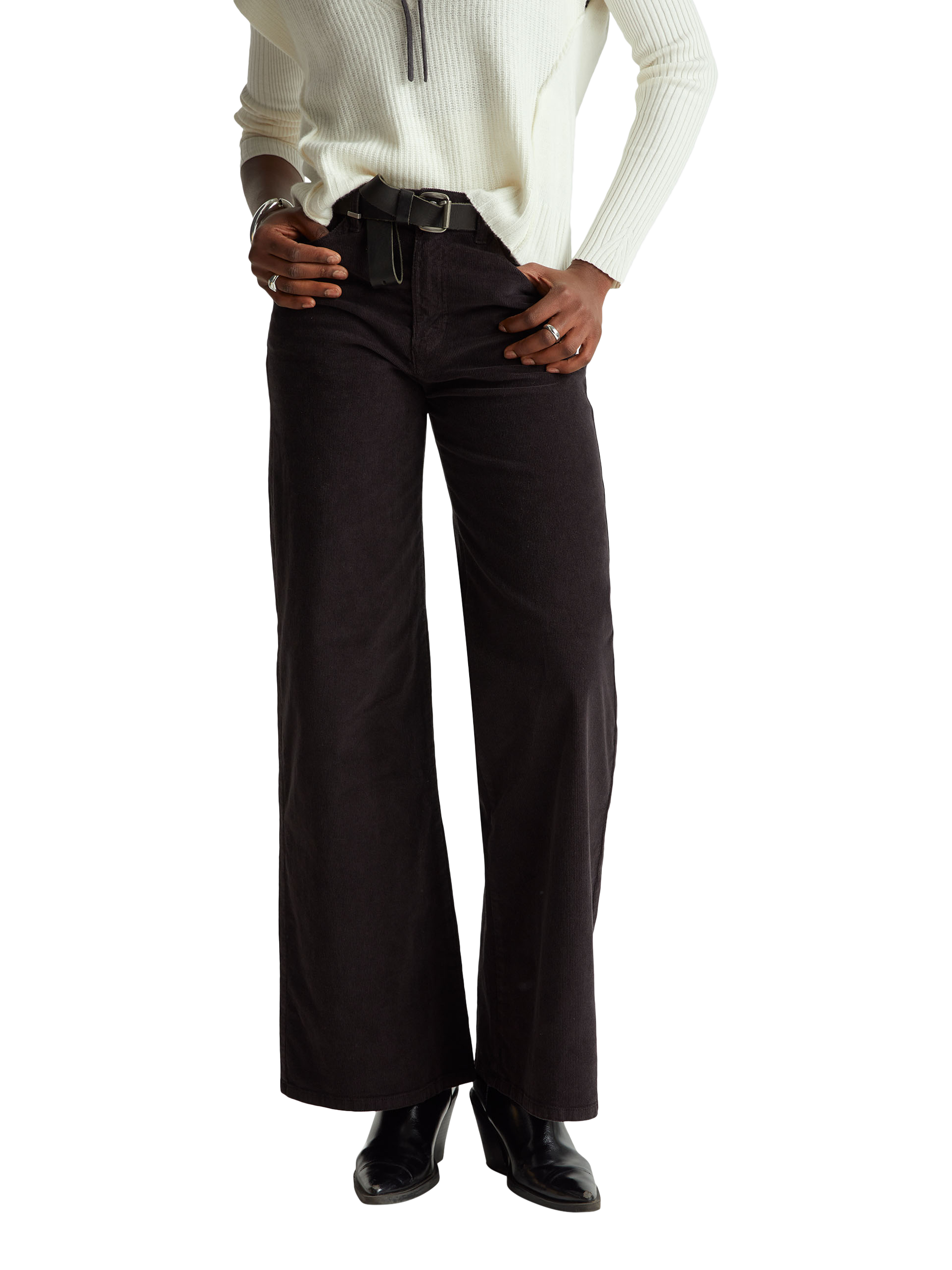 Product image 1 of 5, which shows Benetton Needlecord Wide Leg Trousers, Black, 26S