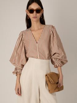VIVERE Remi Striped Lantern Sleeve Blouse, Brown/Cream - view 2, Brown/Cream
