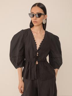 VIVERE Carlotta V-Neck Puff Sleeve Blouse, Black, Black