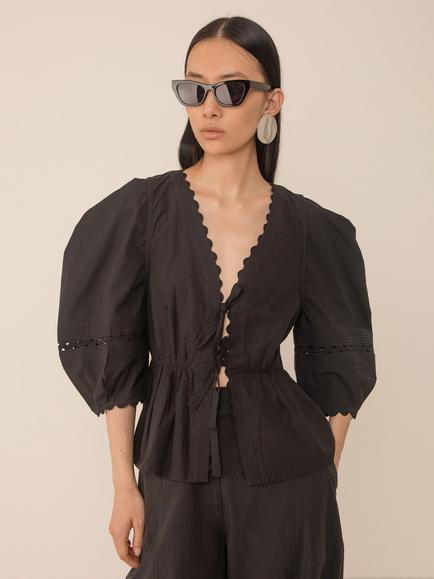 VIVERE Carlotta V-Neck Puff Sleeve Blouse, Black, Black