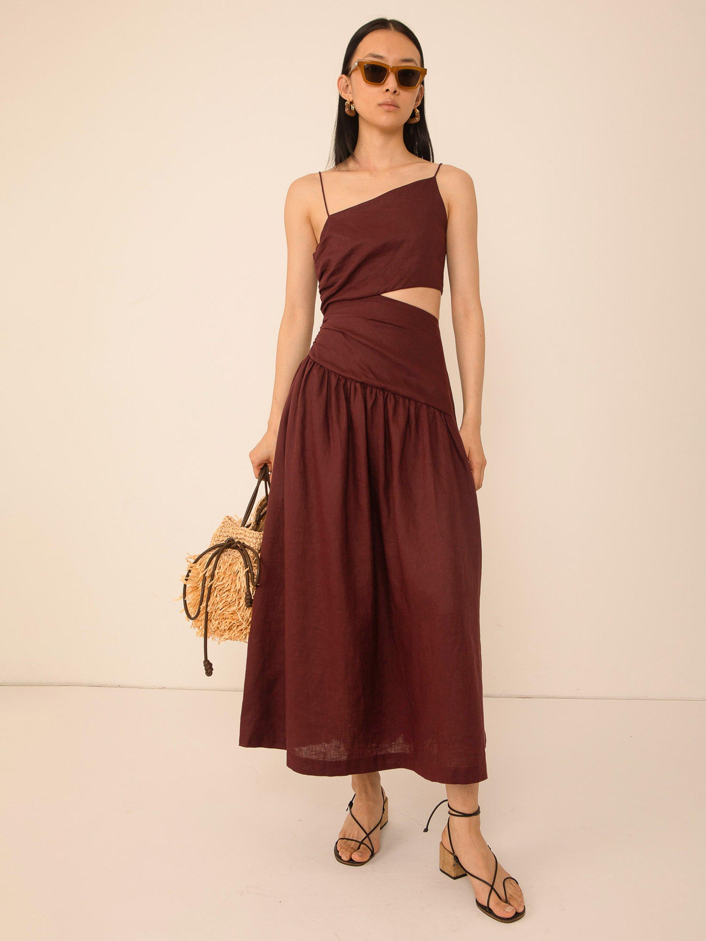 VIVERE Lore Asymmetric Linen Midi Dress, Brown