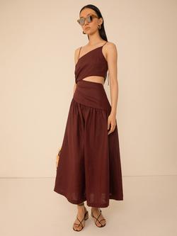 VIVERE Lore Asymmetric Linen Midi Dress, Brown - view 2, Brown