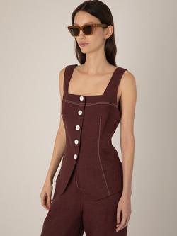 VIVERE Carine Linen Button Top, Brown, Brown