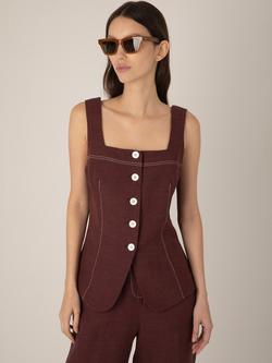 VIVERE Carine Linen Button Top, Brown - view 2, Brown